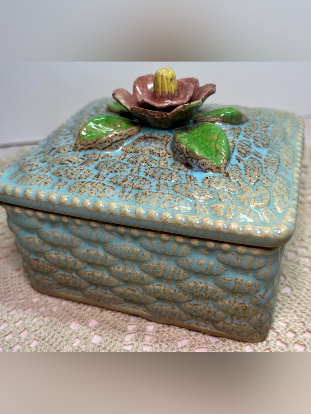 Vintage Majolica-Style Ceramic Trinket Box Made in Japan